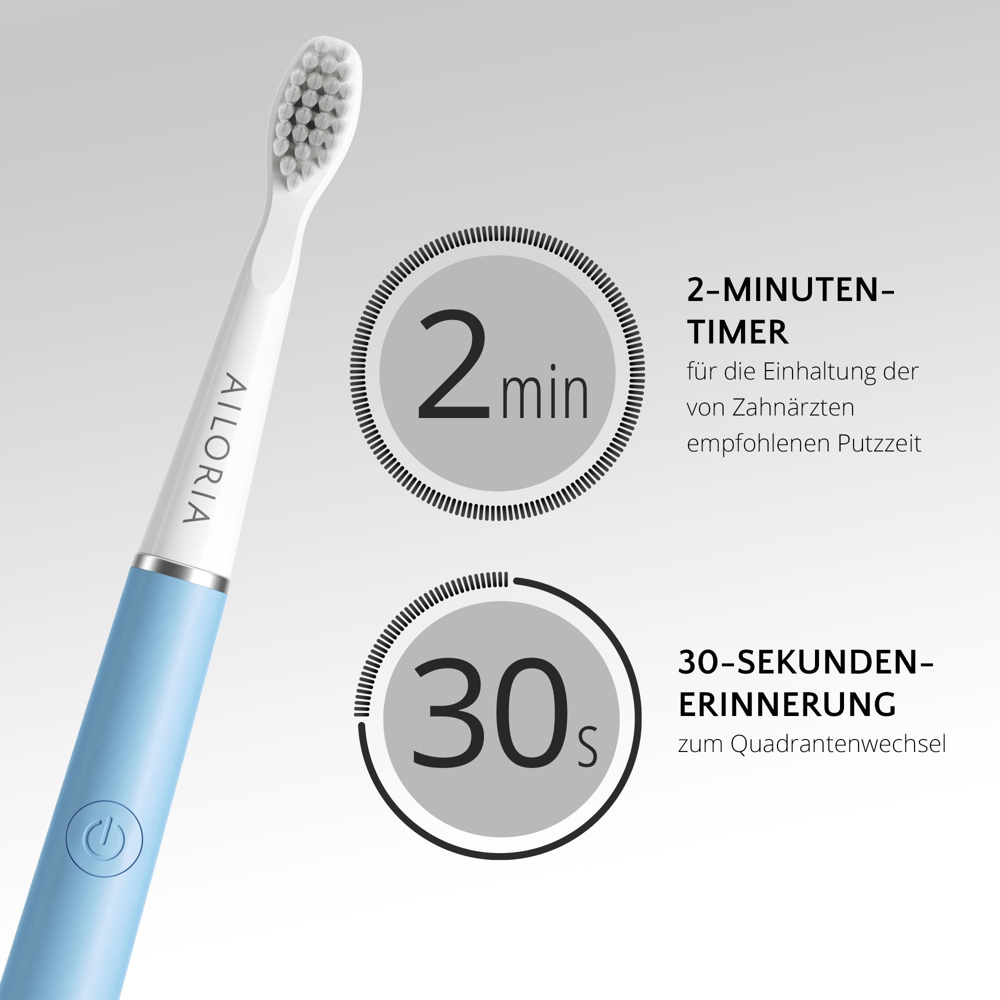 Spazzolino sonico blu. Testo: Timer da 2 minuti, promemoria di 30 secondi. Scritta AILORIA.