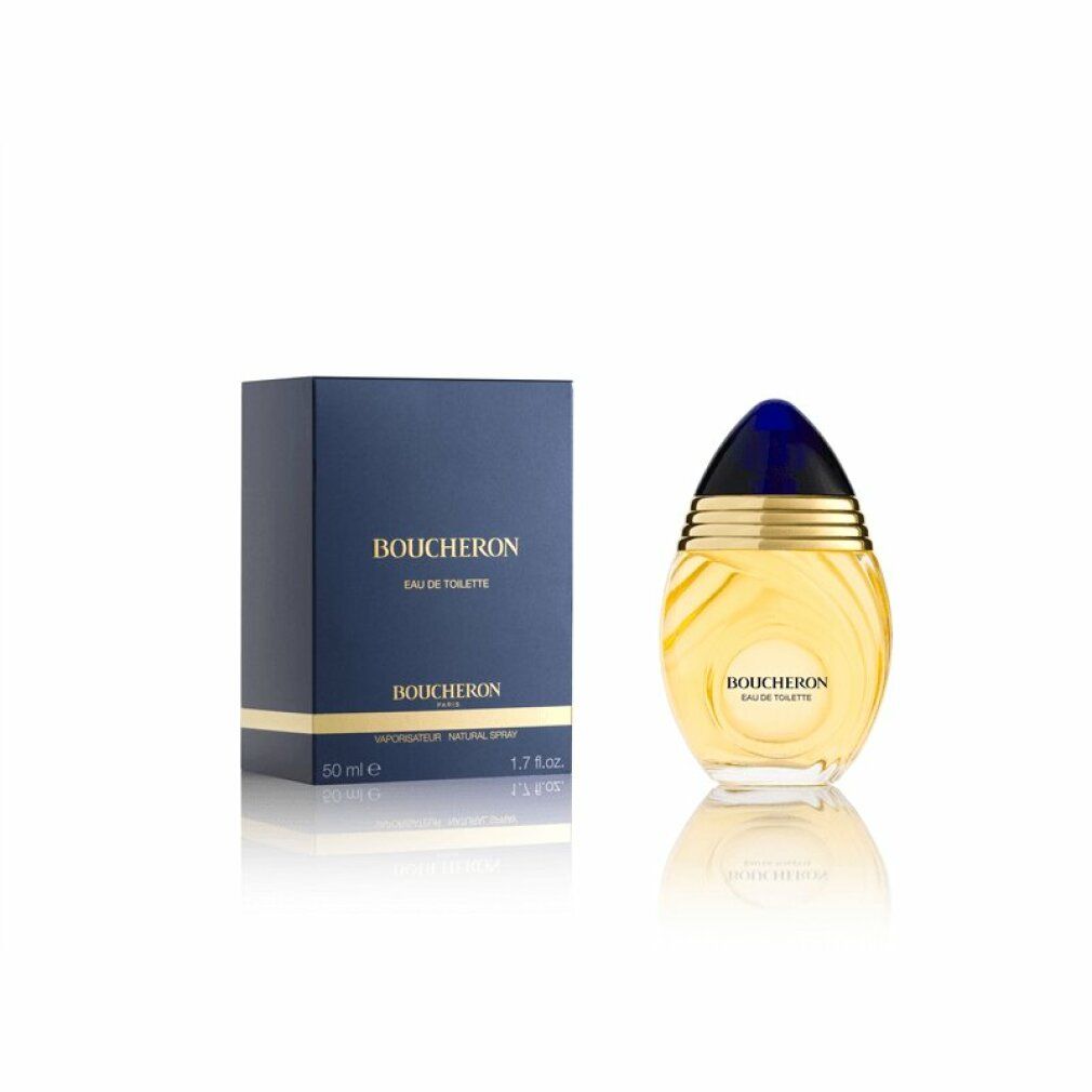 Flacone e scatola. Flacone giallo, tappo blu-oro. Scatola blu, testo dorato. "Boucheron Eau de Toilette".