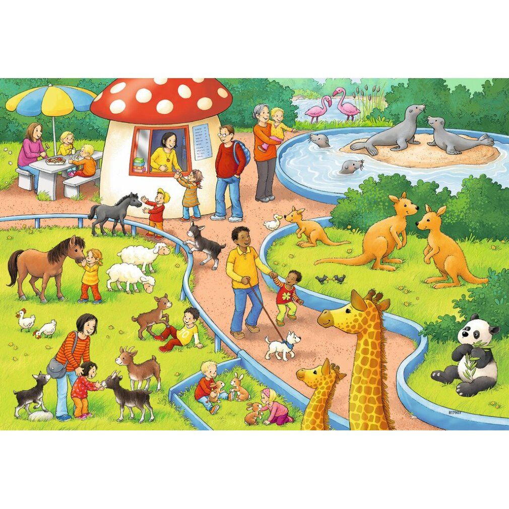 Illustrazione puzzle: scena dello zoo con animali, persone e una casa a fungo. Animali: cavalli, capre, canguri, giraffe, panda, foche, fenicotteri.