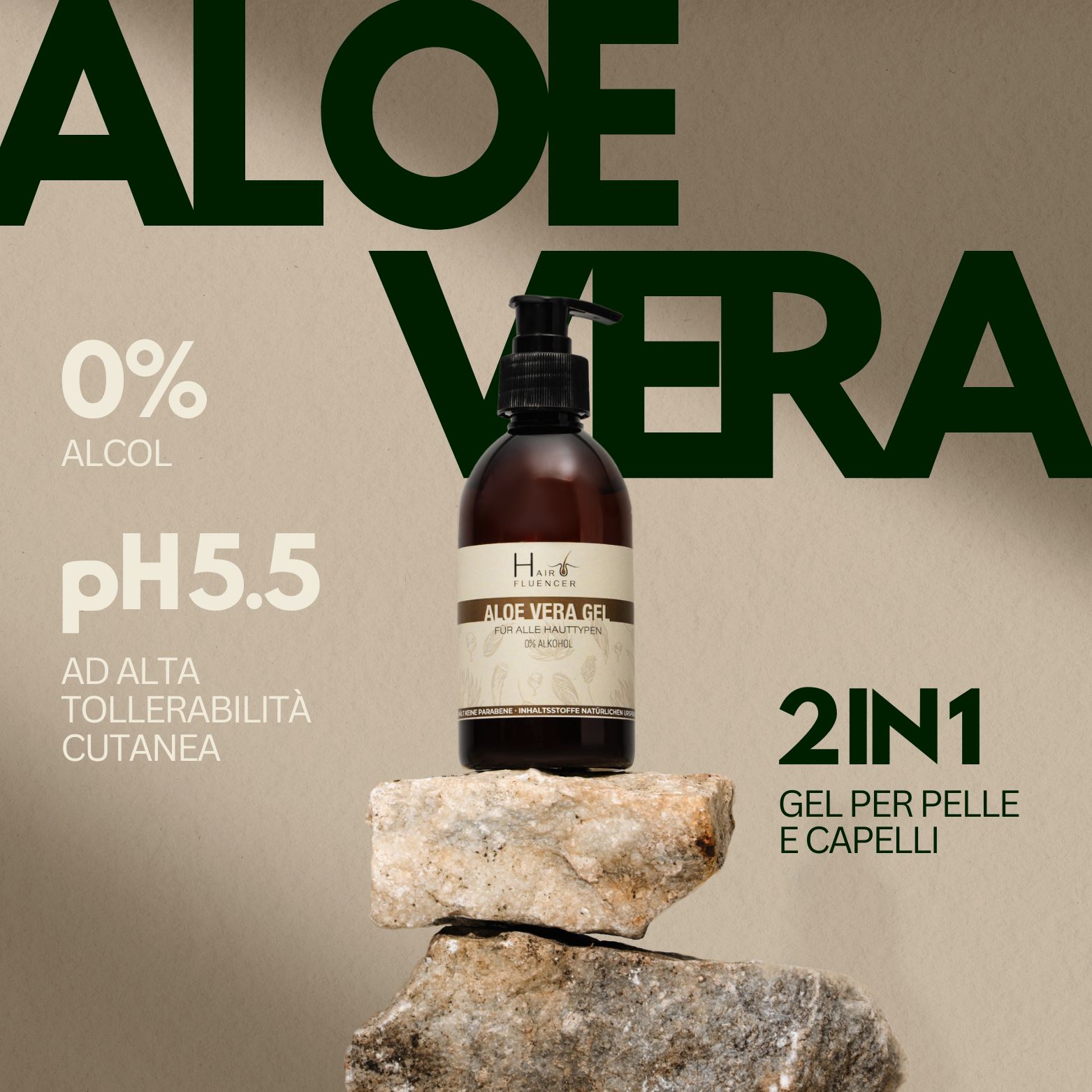Flacone di gel di aloe vera, gel 2 in 1 per pelle e capelli, con benefici.