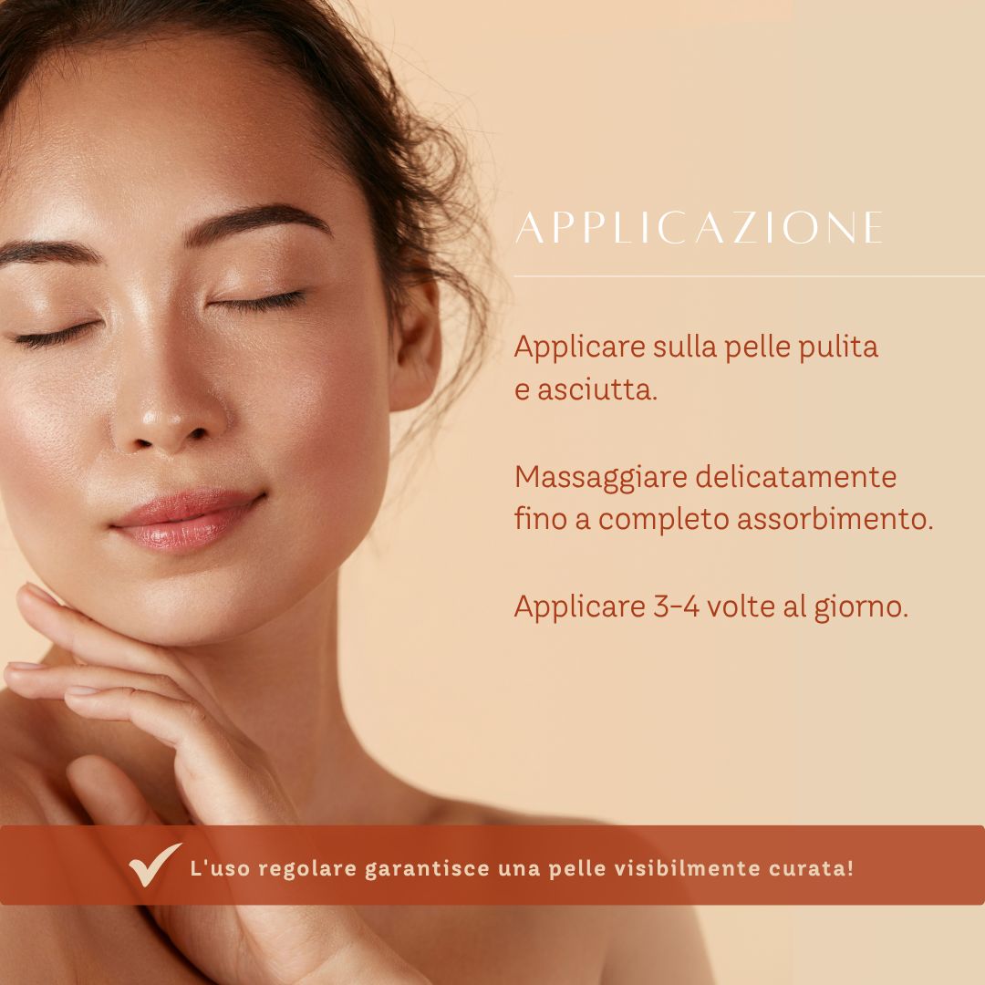 Donna applica olio corpo sulla gamba, vicino a una bottiglia e a elenchi.