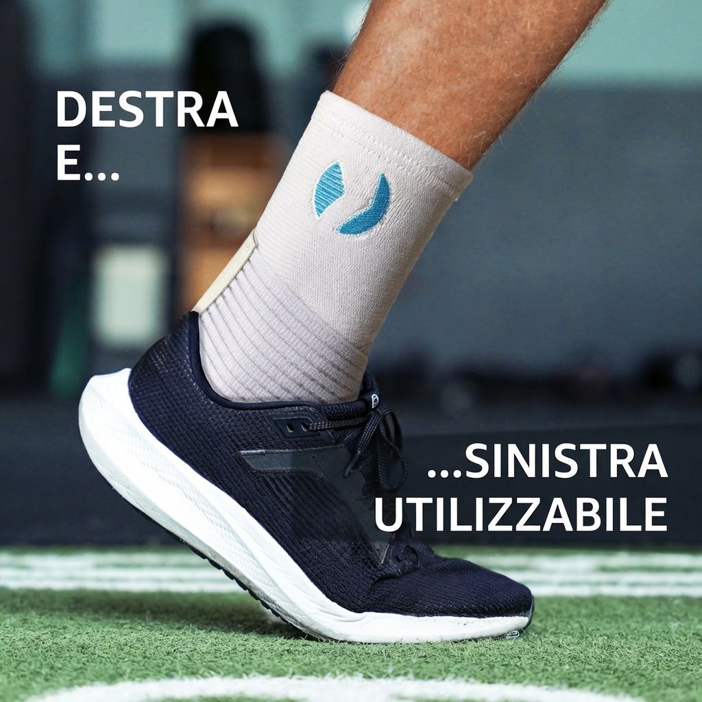 Persona con tutore alla caviglia sul piede. Prodotto bianco con logo blu. Utilizzabile a destra e a sinistra.