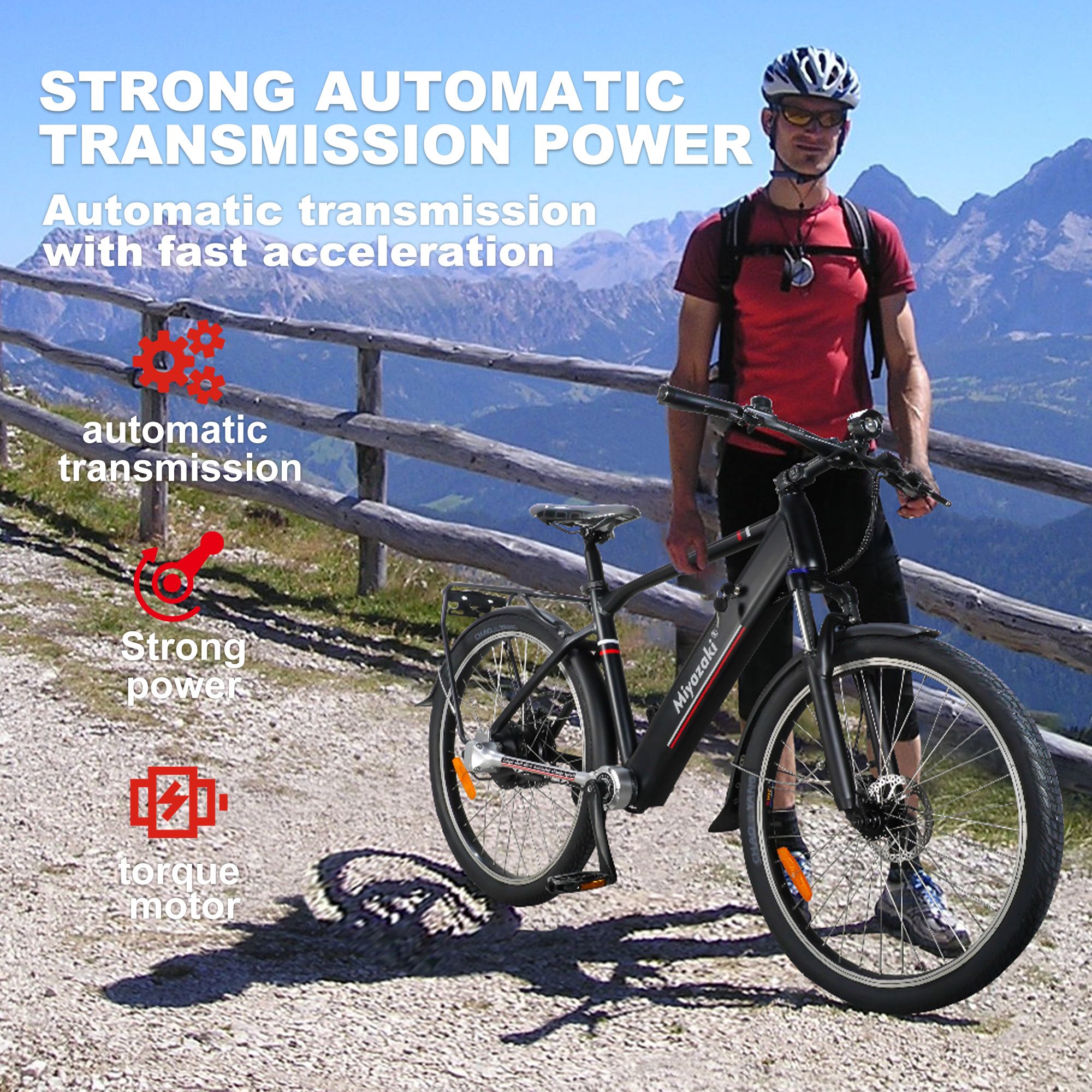 Uomo con bicicletta elettrica Miyazaki nera. Testo: forte trasmissione automatica, motore di coppia, trasmissione automatica.