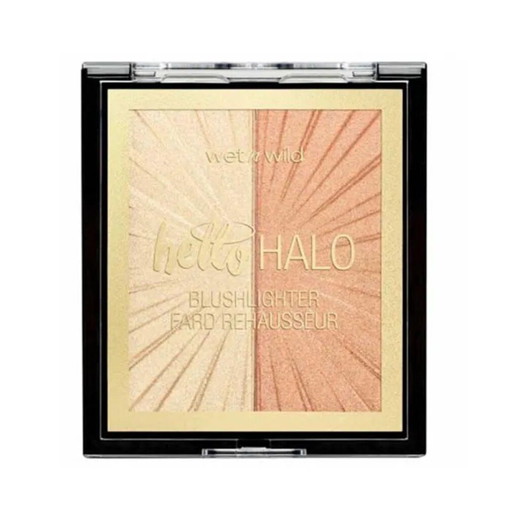 Blushlighter bicolore. Marchio: Wet n Wild. Testo: Hello Halo, Blushlighter Fard Rehausseur. Confezione nera.