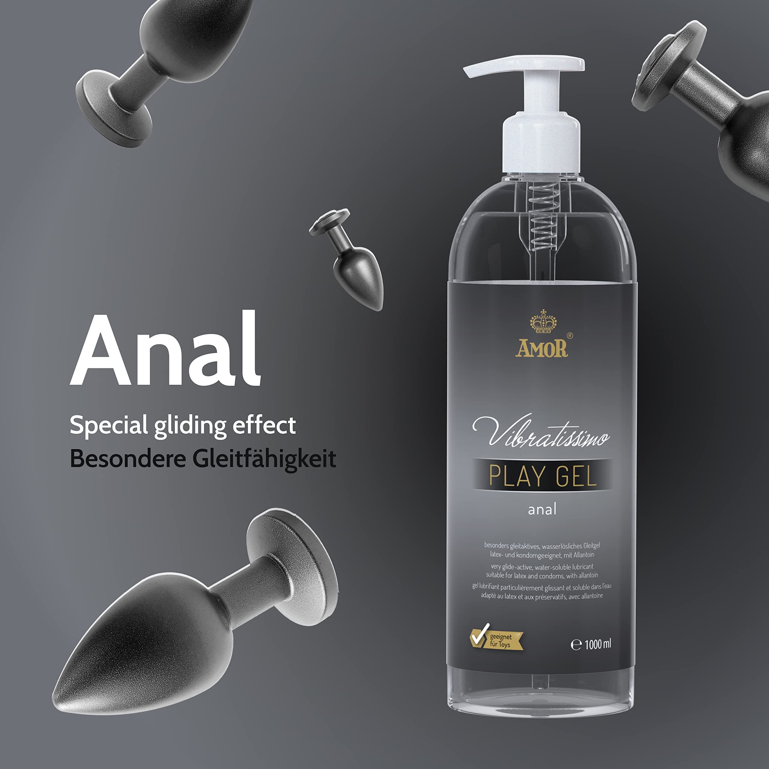 Flacone di Vibratissimo Play Gel Anal con dispenser, circondato da forme di plug anale.