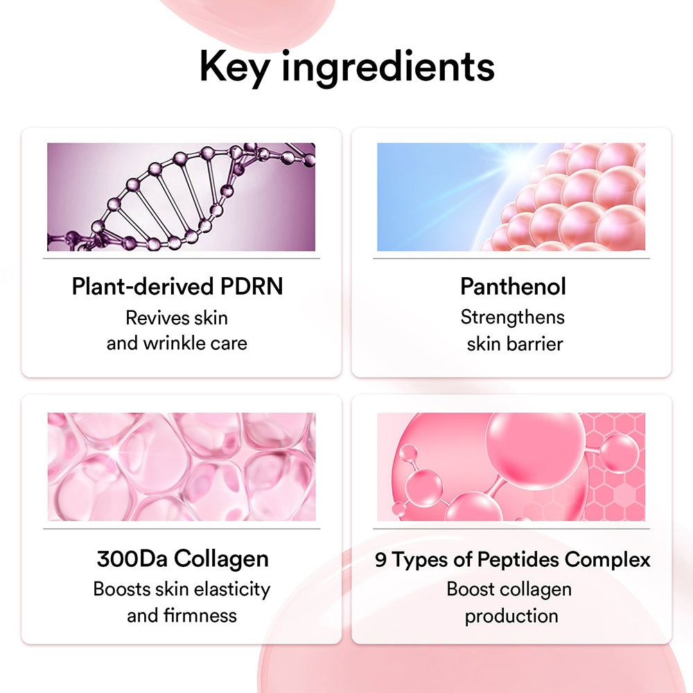 Infografica con ingredienti: Plant-derived PDRN, Panthenol, 300Da Collagen, 9 Types of Peptides Complex.
