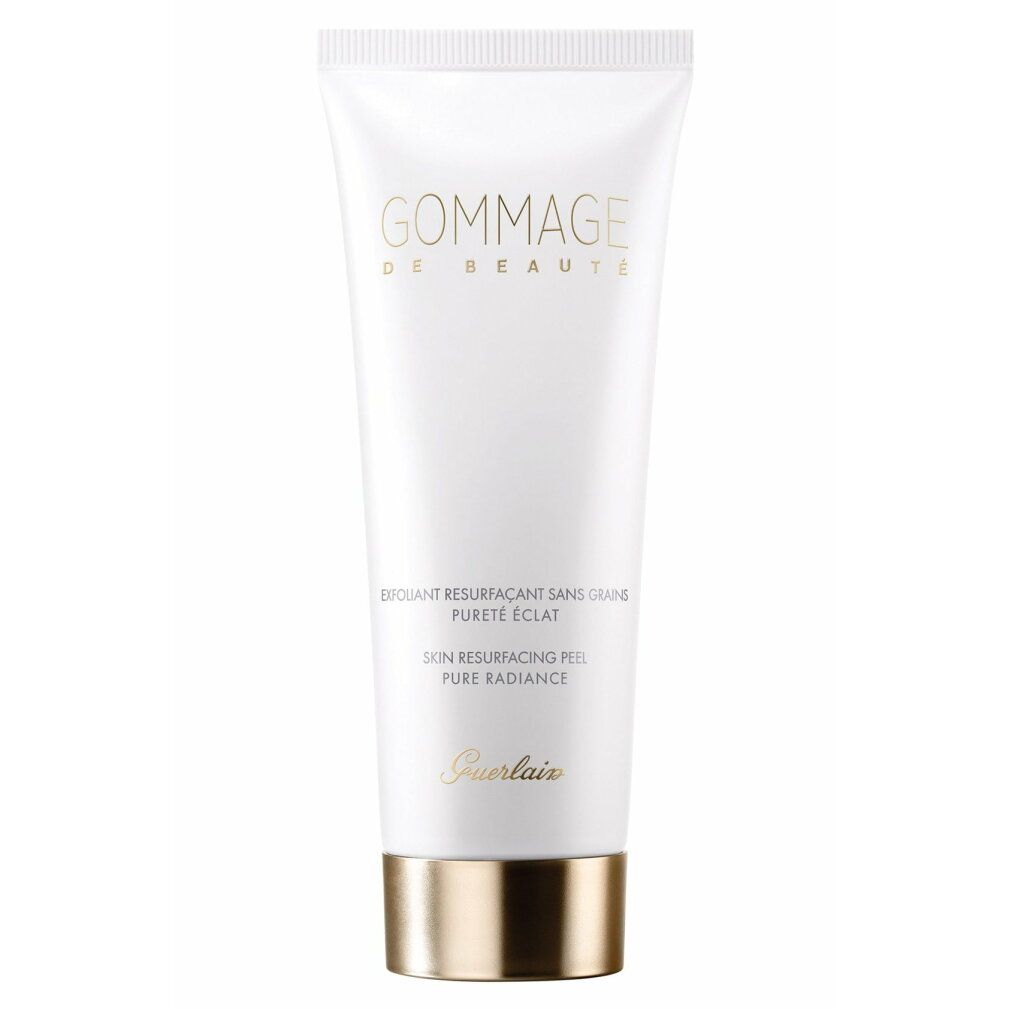 Tubo bianco con base dorata. Scritta Gommage de Beauté e testo sottostante. Marchio: Guerlain.