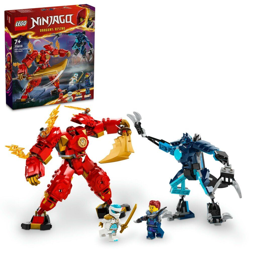 Mech rosso con arma dorata, mech blu, 2 personaggi e confezione con logo LEGO e nome del prodotto.