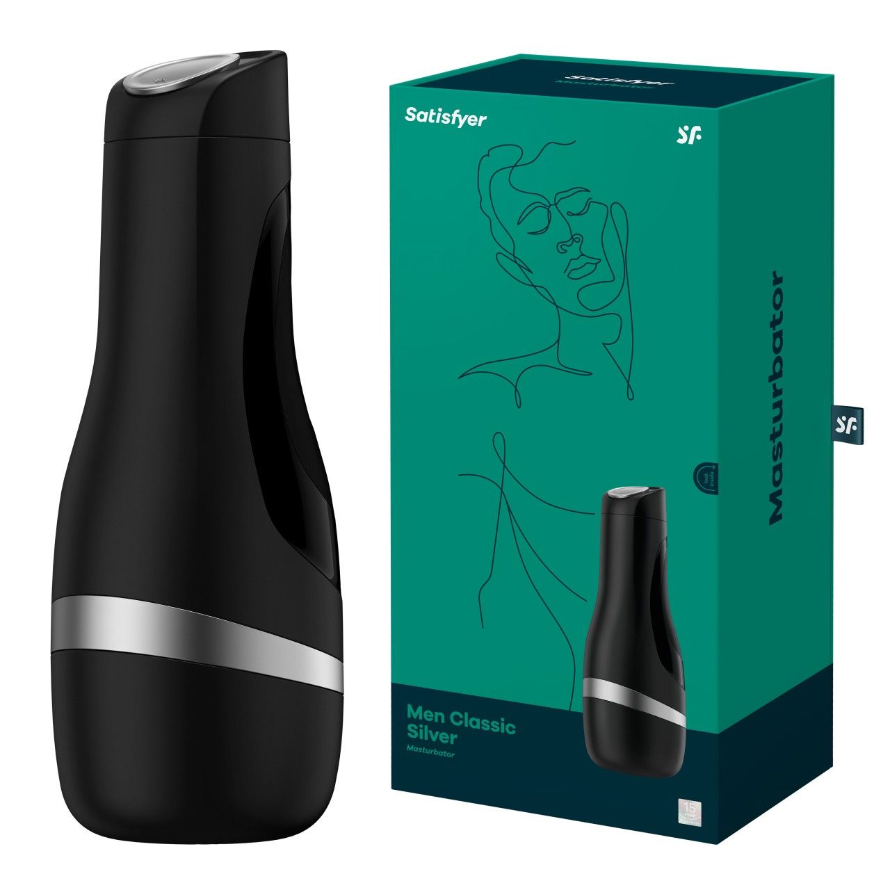Masturbatore nero accanto alla sua confezione verde con illustrazione del prodotto.