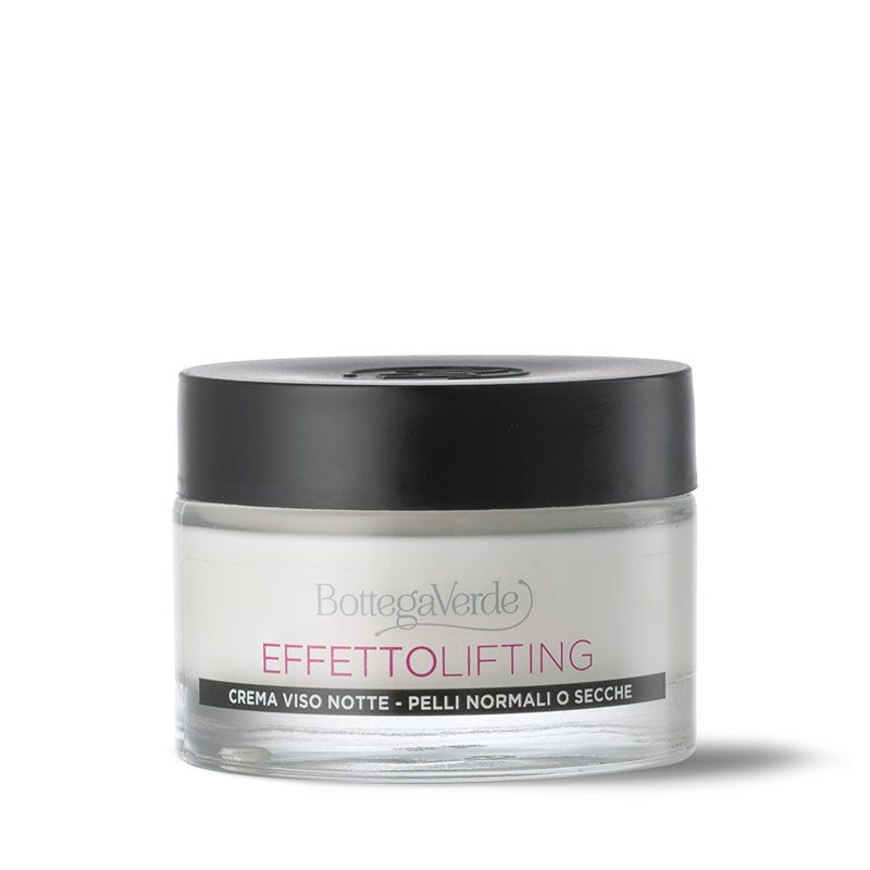 Vasetto di crema con coperchio nero. Scritta: Bottega Verde, Effetto lifting, Crema viso notte - pelli normali o secche.