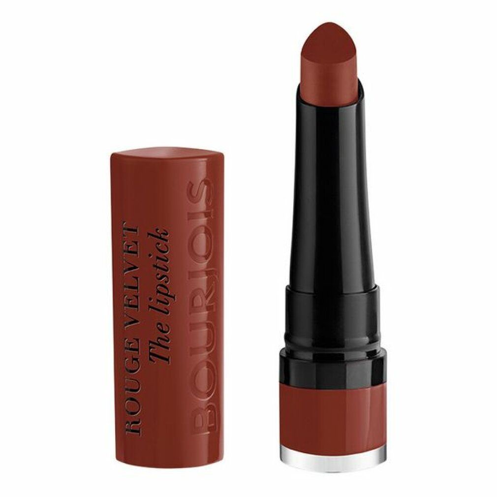 Rossetto marrone con stelo nero e astuccio. Sull'astuccio è scritto "ROUGE VELVET The lipstick" e "BOURJOIS".