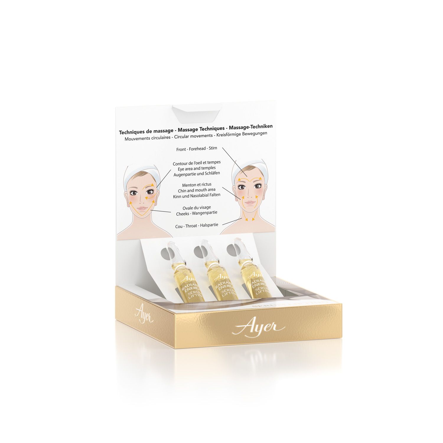 Confezione con tre fiale Ayer Radiance Energy Lifting Serum. Confezione dorata con schema di massaggio facciale.