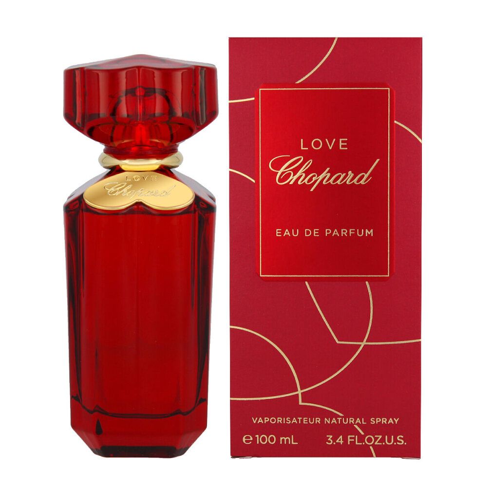 Flacone rosso e confezione rettangolare. Scritta: Love Chopard, Eau de Parfum. 100 ml.