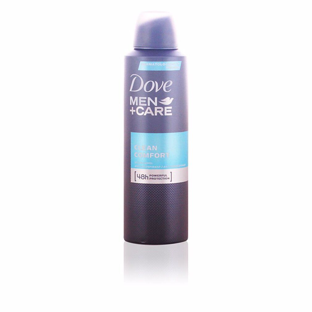 Spray deodorante, bomboletta grigio scuro con tappo blu. Scritta Dove Men+Care, Clean Comfort. Protezione 48h.