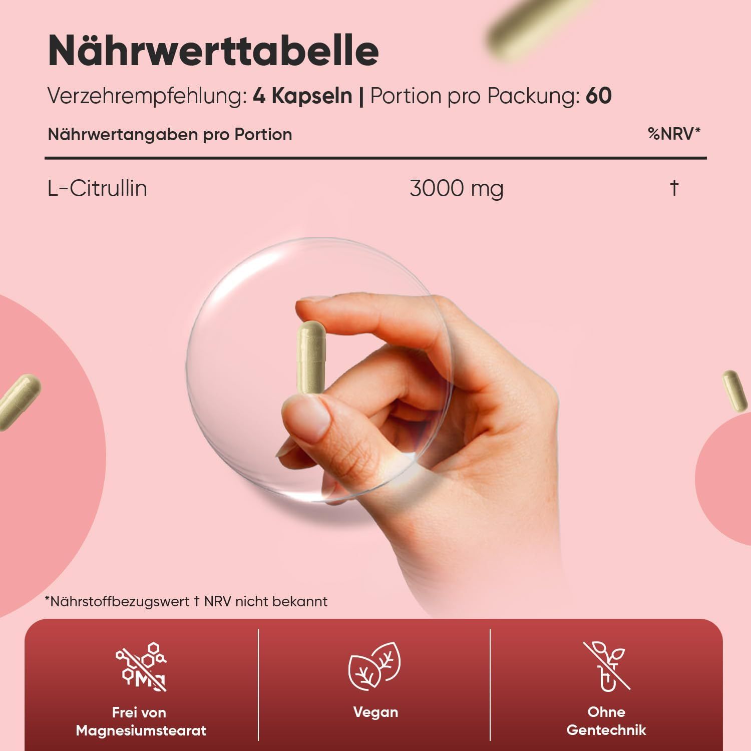 Tabella nutrizionale con L-Citrullina, 3000 mg. Consigli d'uso: 4 capsule. Senza stearato di magnesio, Vegano, Senza OGM.