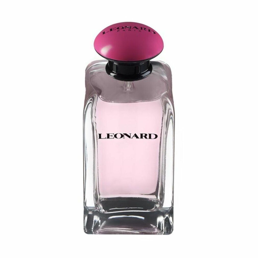 Flacone di profumo Leonard. Flacone in vetro rettangolare con contenuto rosa e tappo rosa. Marchio sul flacone.