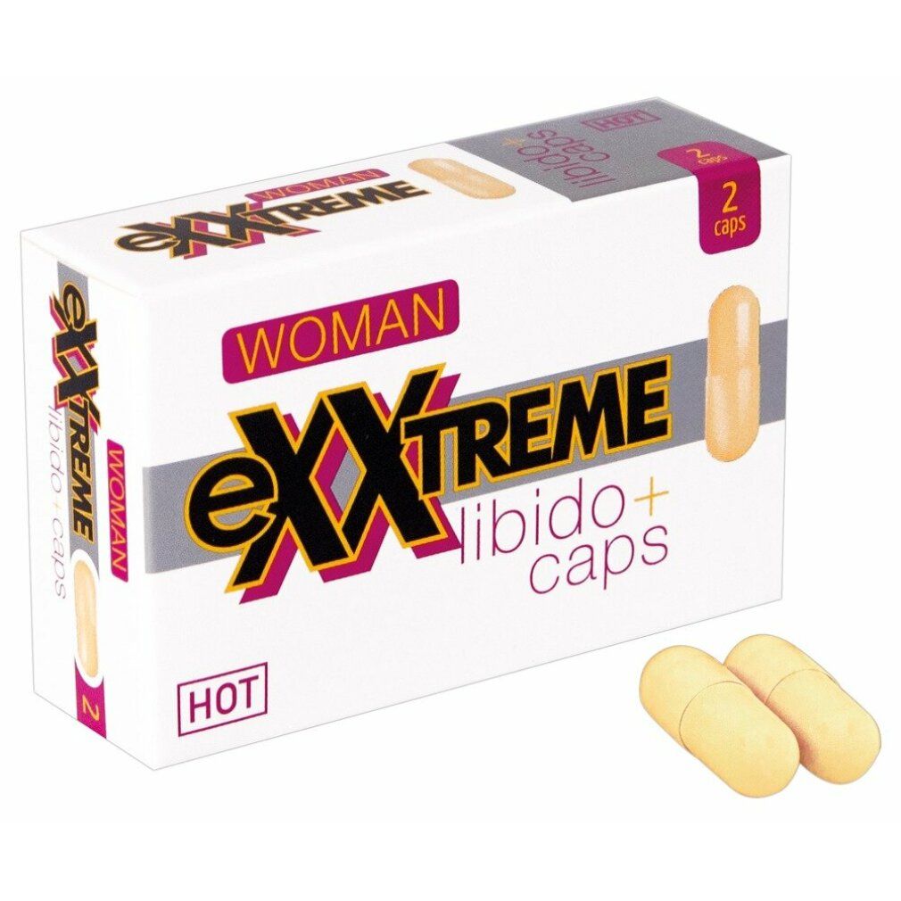 Confezione con due capsule. Scritta: eXXtreme Libido+ caps, Woman, HOT. Due capsule sono accanto.