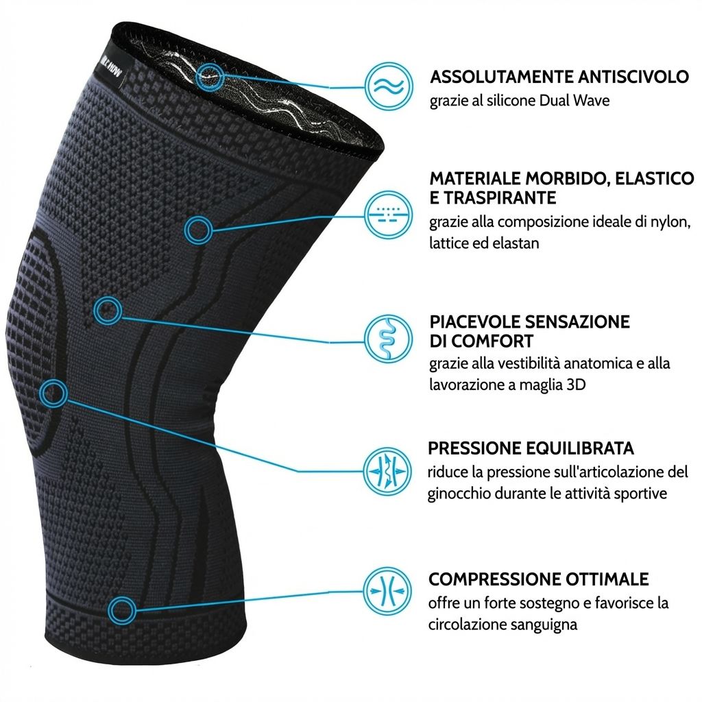 Ginocchiera nera, vestibilità anatomica. Materiale morbido e traspirante. Compressione ottimale.