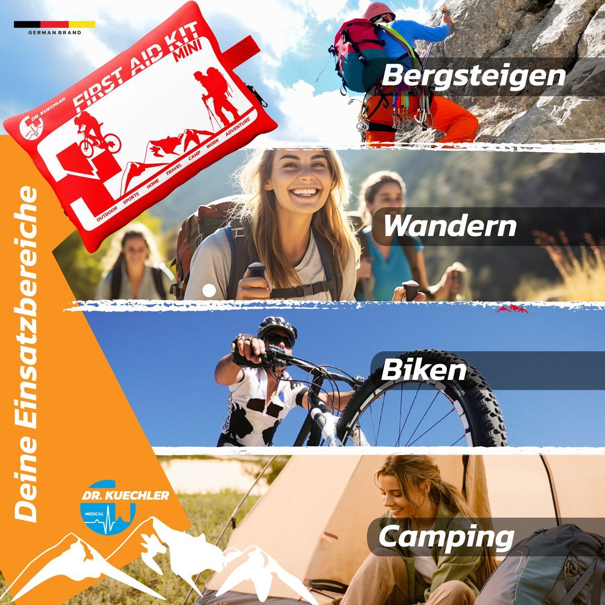 Collage con il kit di pronto soccorso in diverse scene all'aperto. Testo: "Le tue aree di intervento". Scene: alpinismo, escursionismo, bici, campeggio.