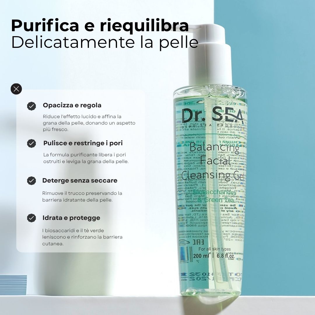 Flacone di prodotto con testo. Testo: Purifica e riequilibra delicatamente la pelle. Dr. SEA Balancing Facial Cleansing Gel.