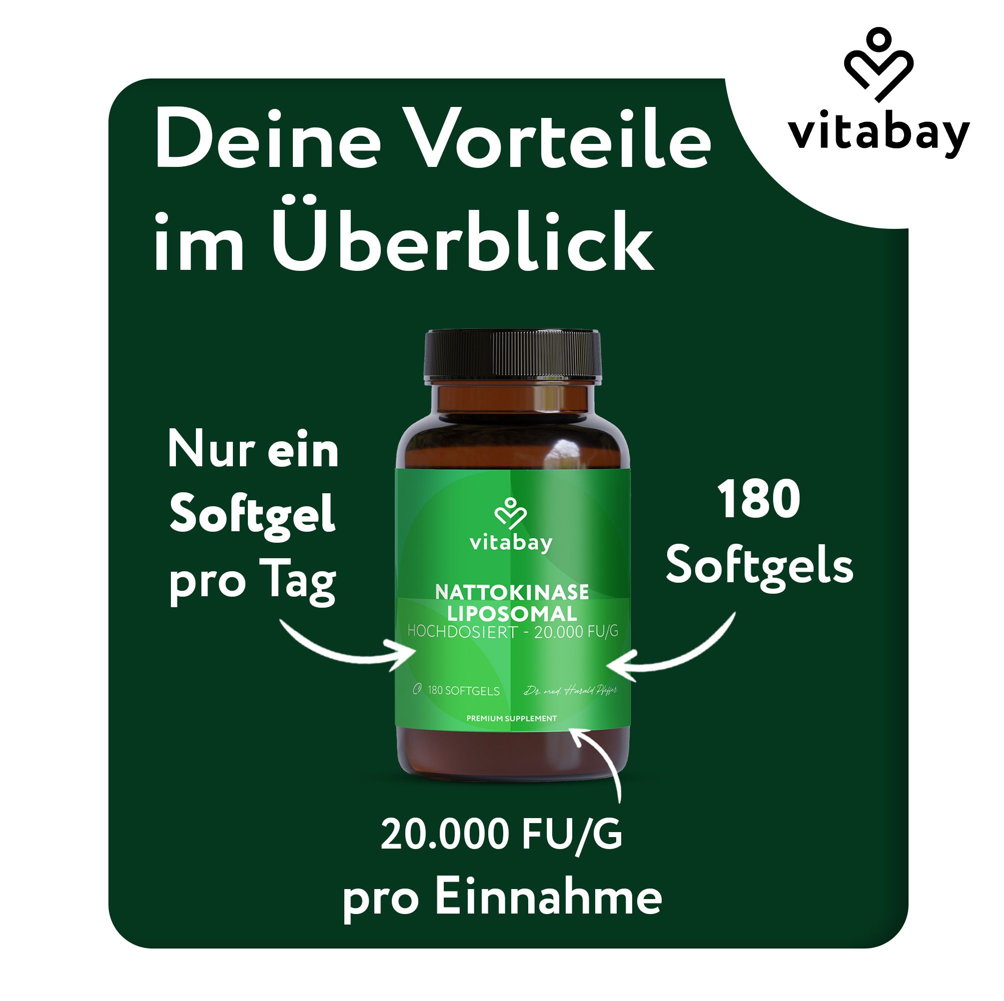 Flacone marrone con scritta verde: Nattokinase Liposomiale. 180 capsule. Testo: Solo una capsula al giorno. 20.000 FU/G per assunzione.