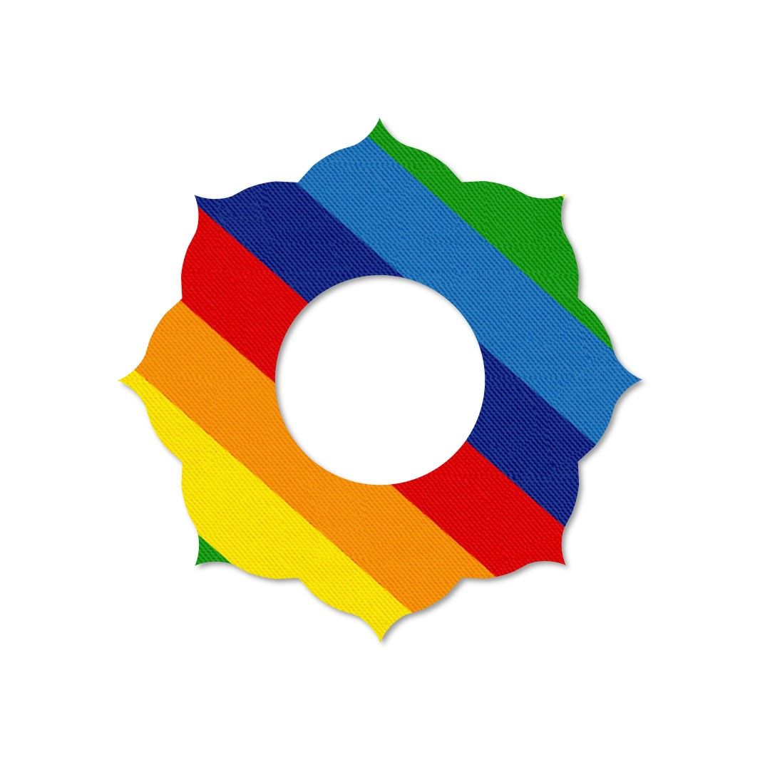 Anello di fissaggio con motivo arcobaleno e ritaglio circolare. Bordo esterno a forma di petalo.