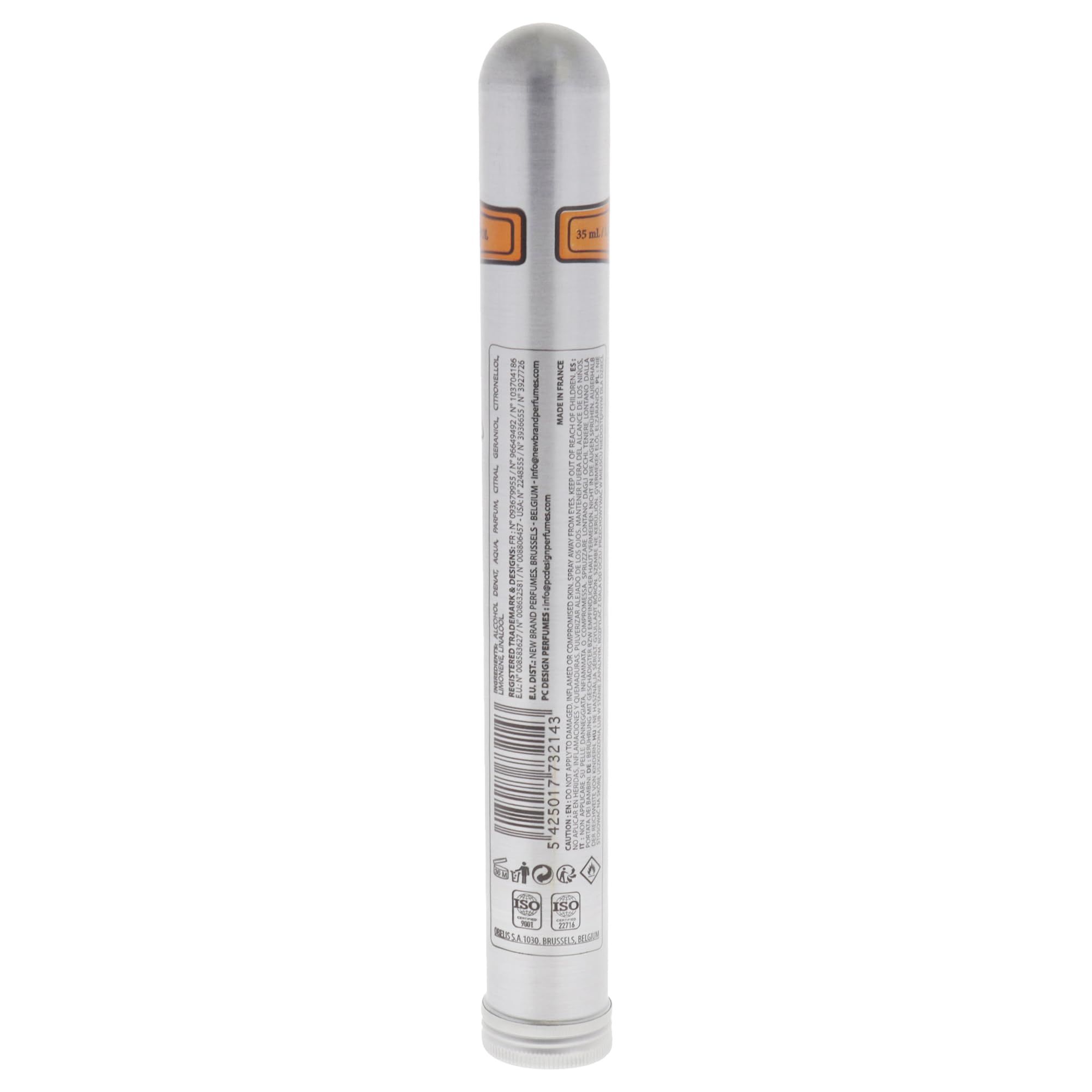 Custodia argentata per flacone di profumo a forma di sigaro. Retro con testo e codice a barre. Scritta: CUBA. Dettagli della composizione.