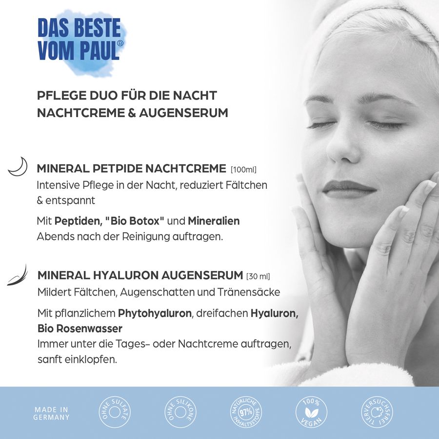 Donna con asciugamano, viso con crema. Testo: Pflege Duo für die Nacht, Nachtcreme & Augenserum. Logo: DAS BESTE VOM PAUL.