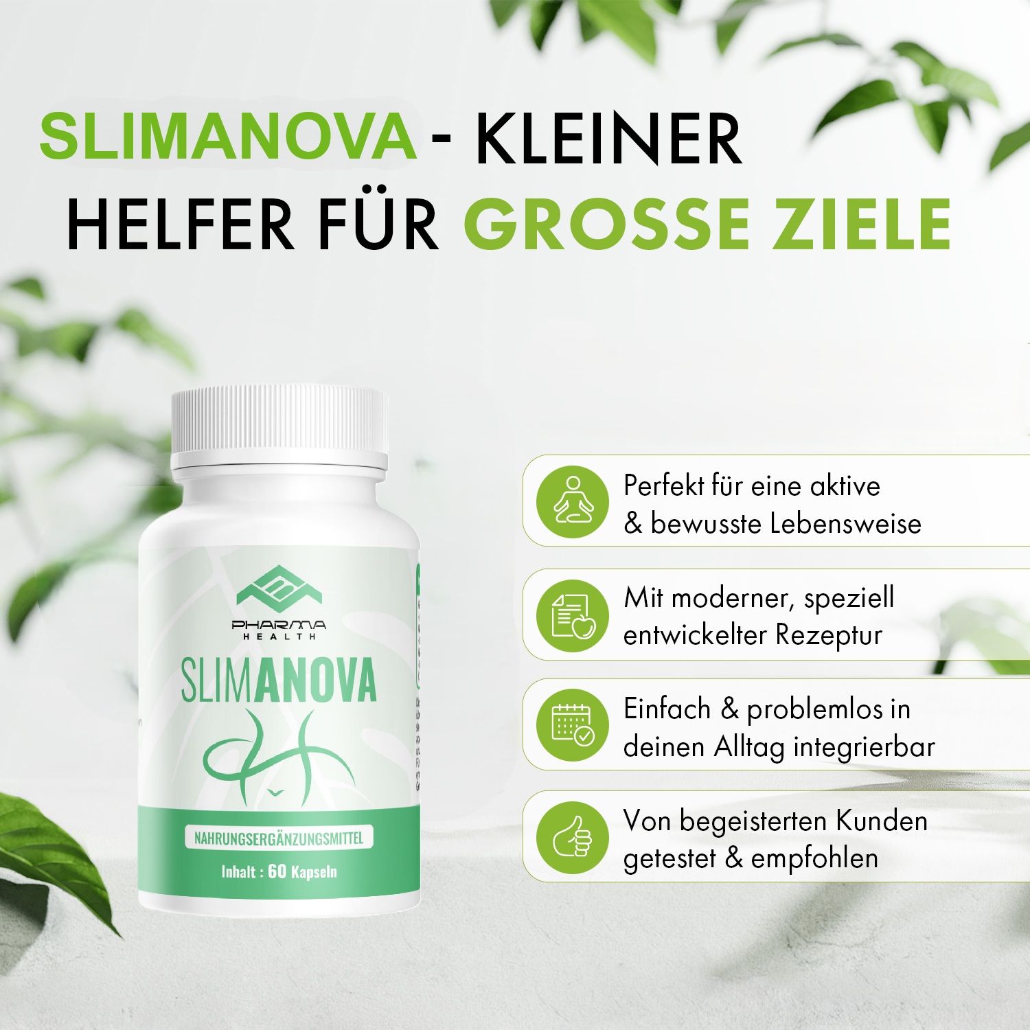 Flacone del prodotto con etichetta Slimanova. Testo: Slimanova - piccolo aiuto per grandi obiettivi. Blocchi di testo aggiuntivi con icone.