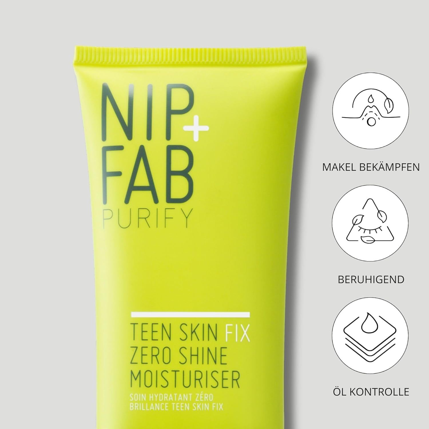 Tubo giallo con testo bianco. Scritta: NIP+FAB PURIFY, Teen Skin Fix Zero Shine Moisturiser. Icone.