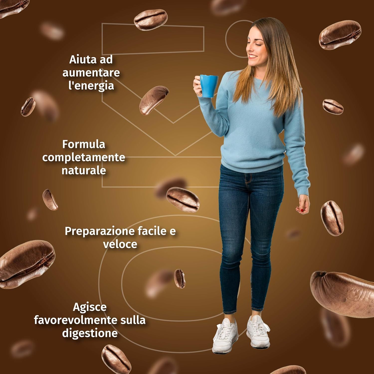 Donna con tazza blu, chicchi di caffè. Testo: Aiuta ad aumentare l'energia, formula naturale, preparazione facile, digestione.