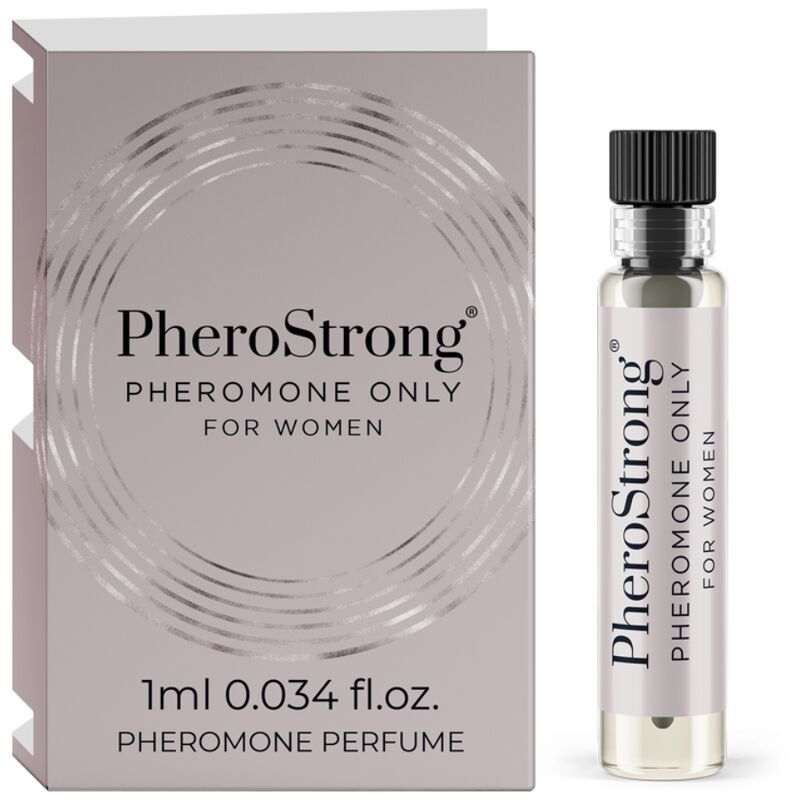 PheroStrong Pheromone Only per donne, 1ml. Include un piccolo flacone di profumo in vetro e una scatola pieghevole.