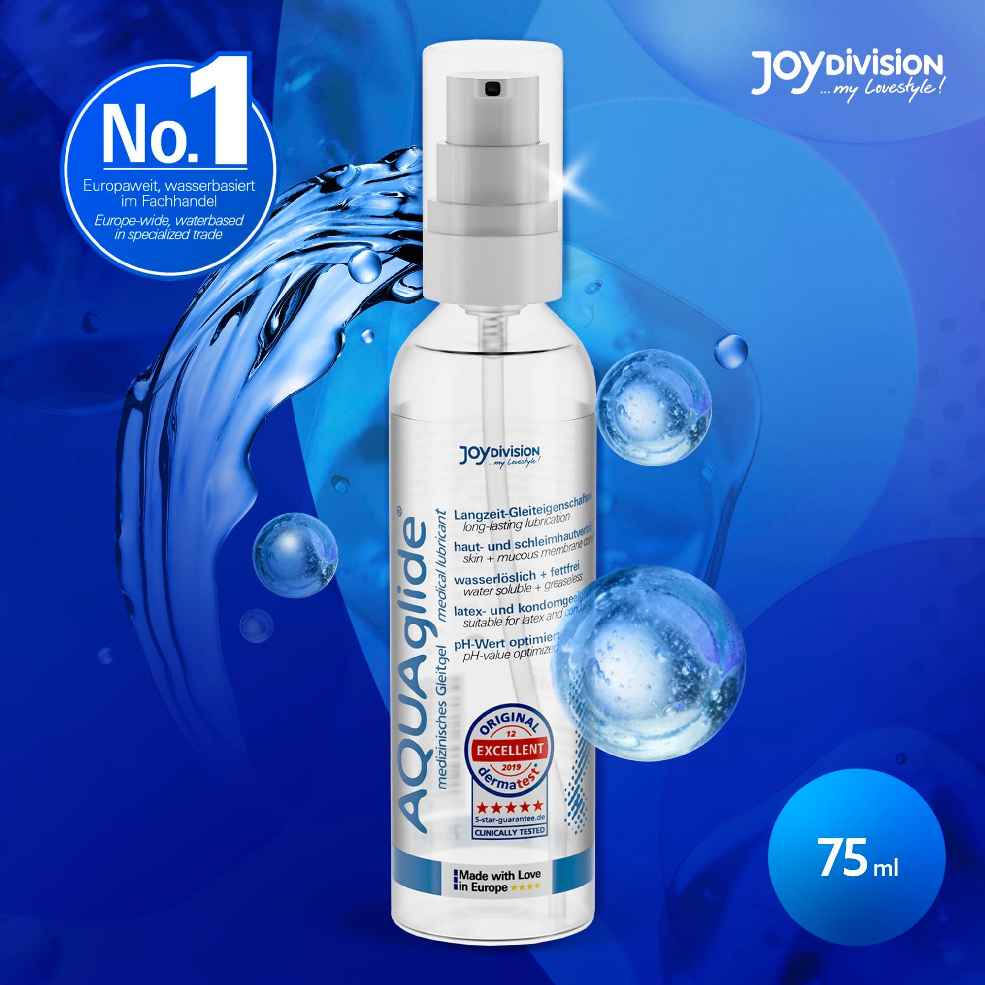 Gel lubrificante AquaGlide 75ml in flacone trasparente con pompa, circondato da gocce d'acqua.