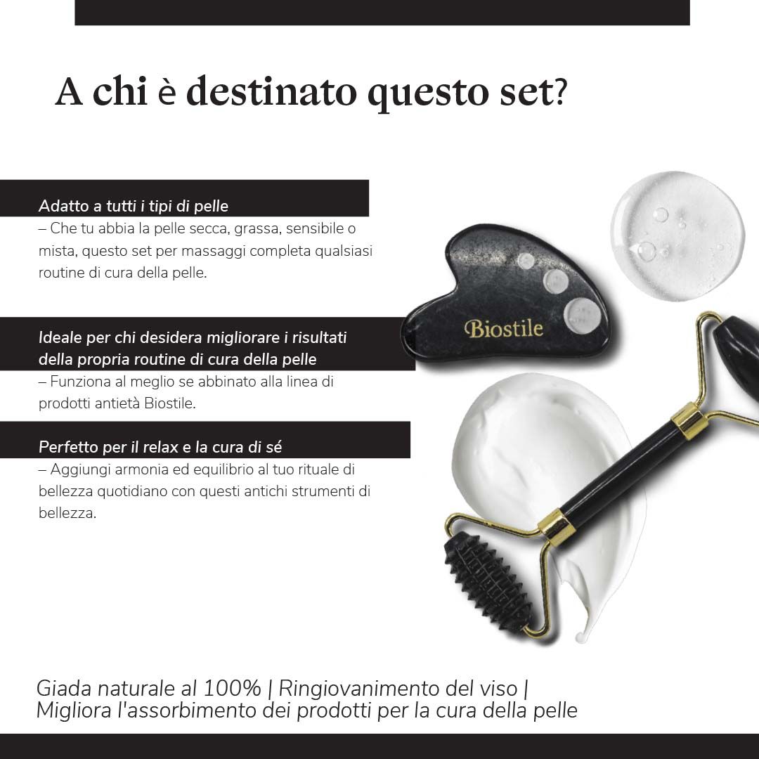 Testo: A chi è destinato questo set? Rullo di giada, pietra Gua Sha, creme. Adatto a tutti i tipi di pelle.