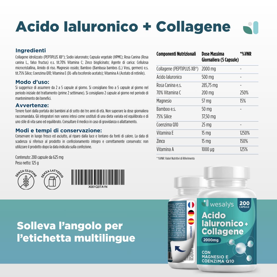 Due flaconi di capsule. Testo: Acido Ialuronico + Collagene. Elenco ingredienti e informazioni nutrizionali. Senza glutine.
