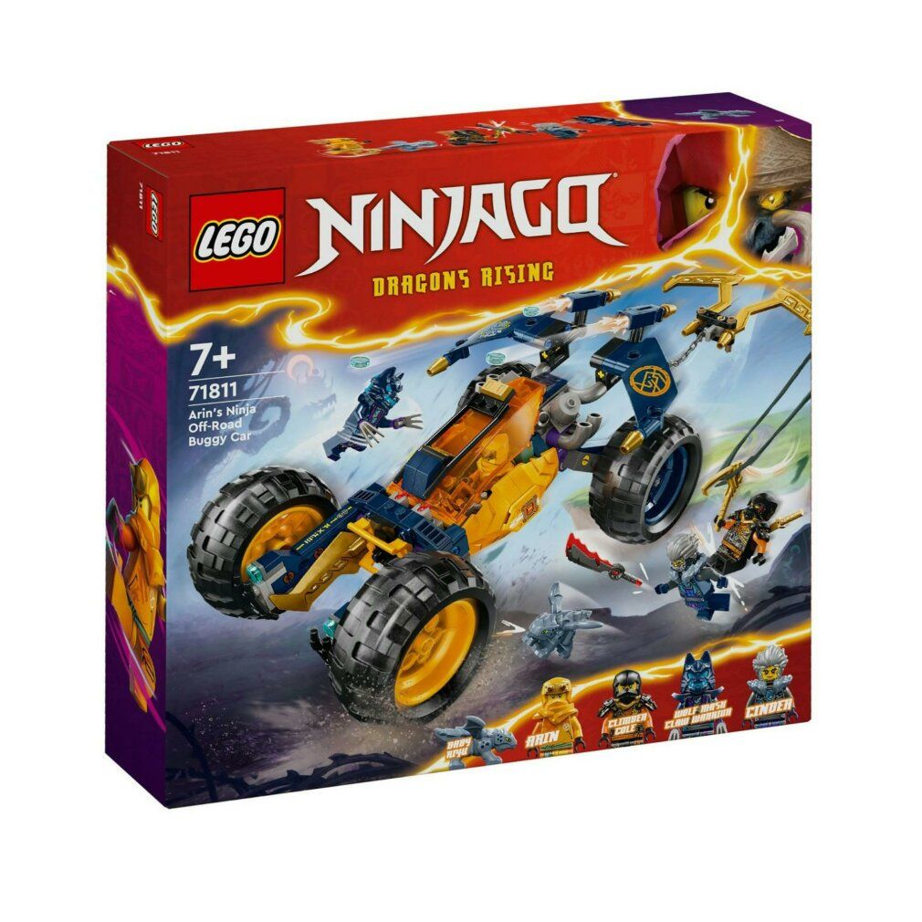 Set LEGO Ninjago. Buggy fuoristrada giallo-blu con pneumatici neri. Confezione con logo e testo.