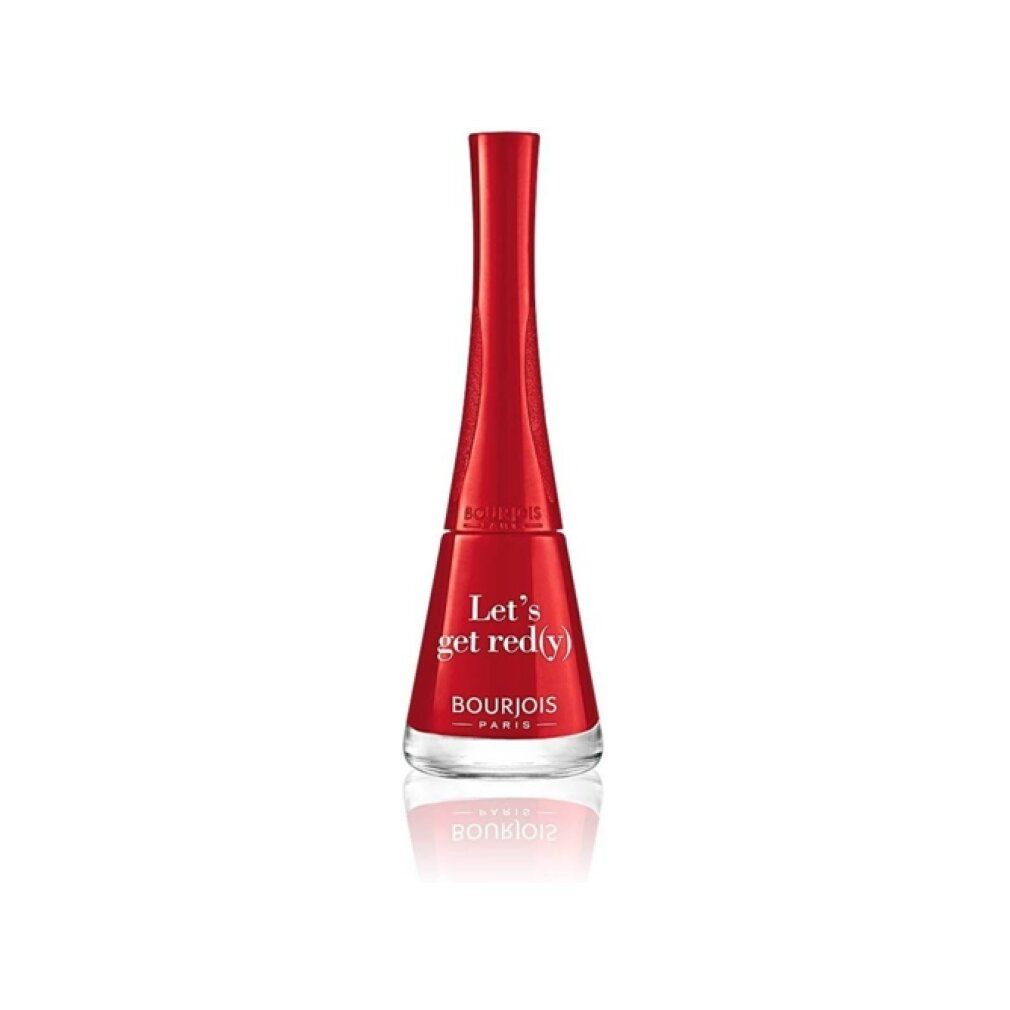 Smalto rosso Bourjois. Scritta 'Let's get red(y)'. Flacone con tappo lungo.