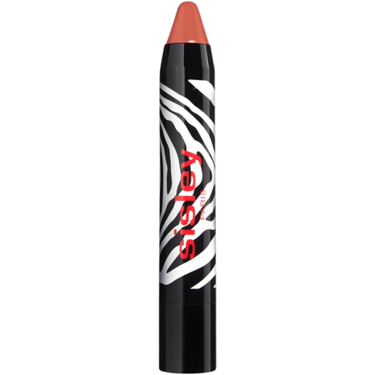 Rossetto in stick. Stick nero con motivo zebrato e scritta rossa. Colore visibile.