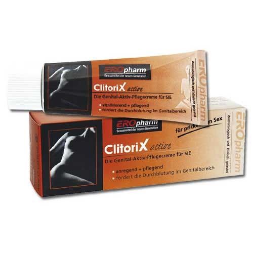 Tubo e scatola ClitoriX active. Testo: crema attiva per la cura genitale. Logo EROpharm. Immagine di donna. Testo in tedesco.