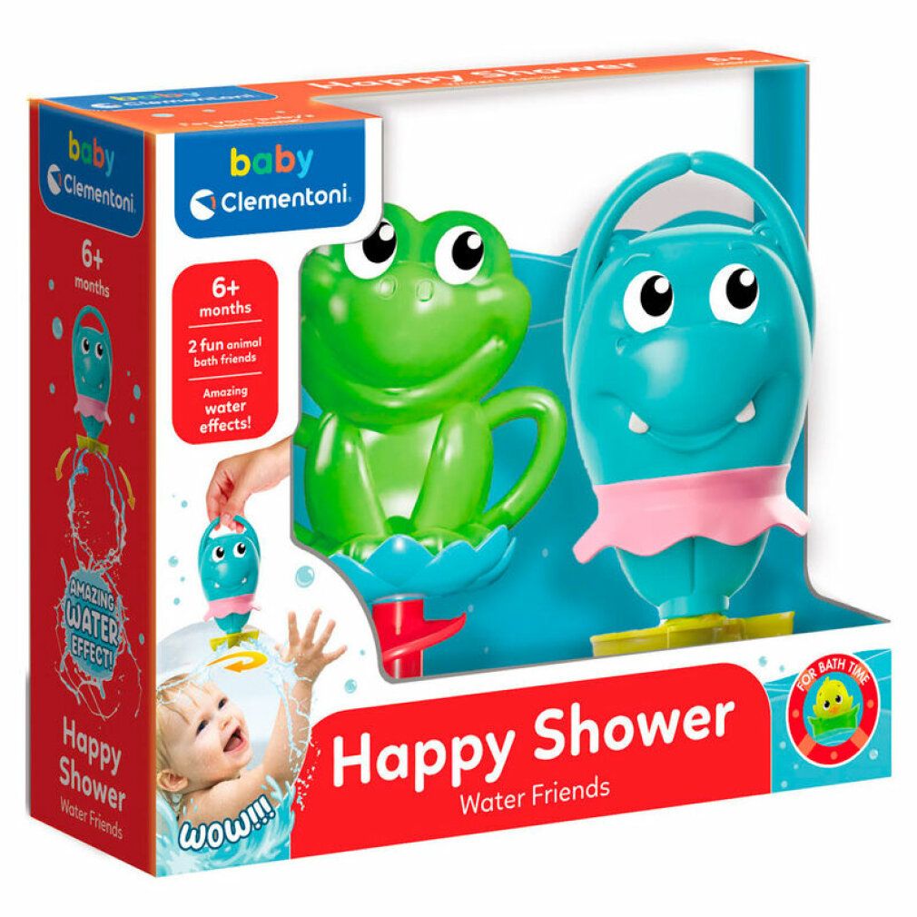 Confezione con giocattoli da bagno: rana e ippopotamo. Sulla confezione c'è scritto "Happy Shower Water Friends" e "Baby Clementoni".