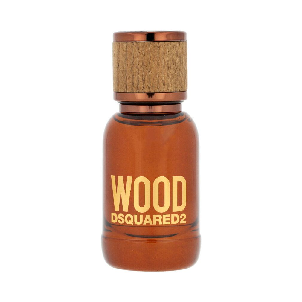 Flacone di vetro marrone con tappo in legno. Scritta dorata: WOOD DSQUARED2. Flacone per Eau de Toilette.