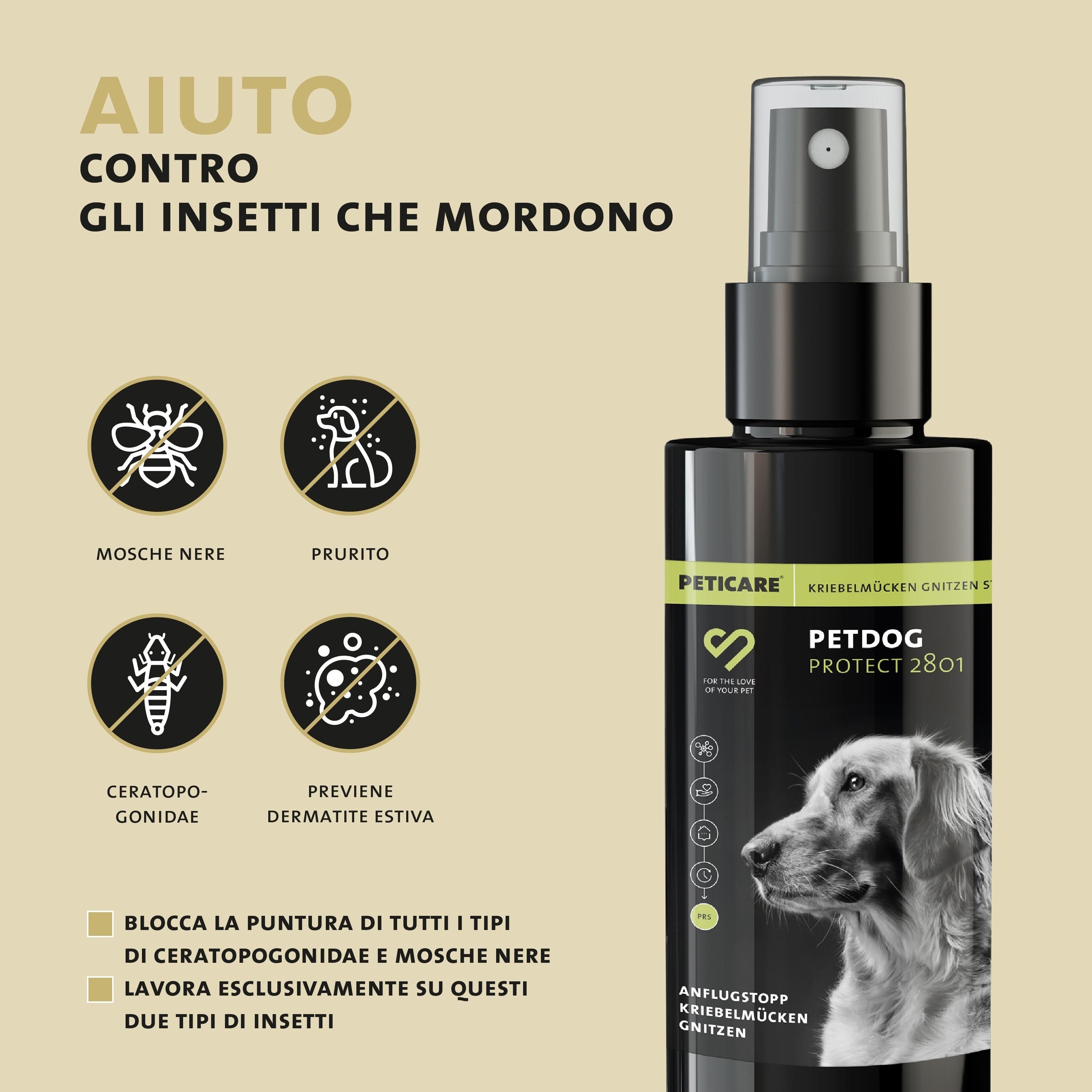 Flacone nero con spruzzatore. Testo: Peticare, PETDOG PROTECT 2801. Loghi: Mosche nere, prurito, ceratopogonidae, previene la dermatite estiva.