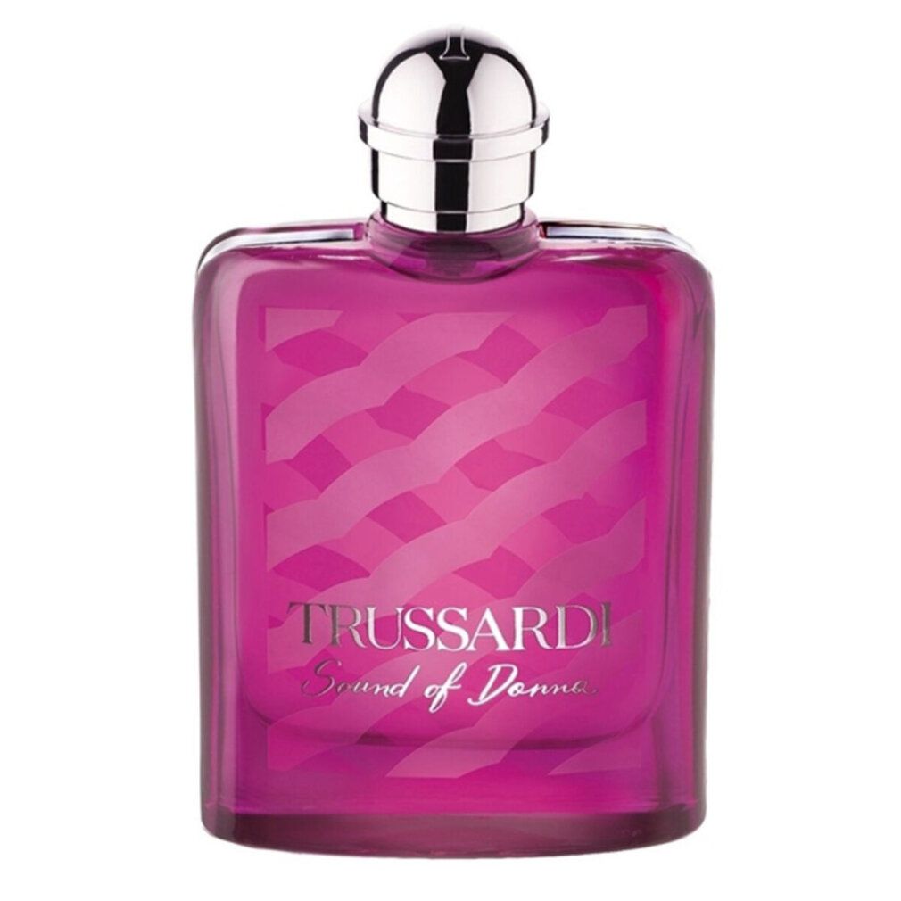 Flacone rosa Trussardi Sound of Donna. Forma rettangolare con tappo argentato. Motivo a onde sul flacone.
