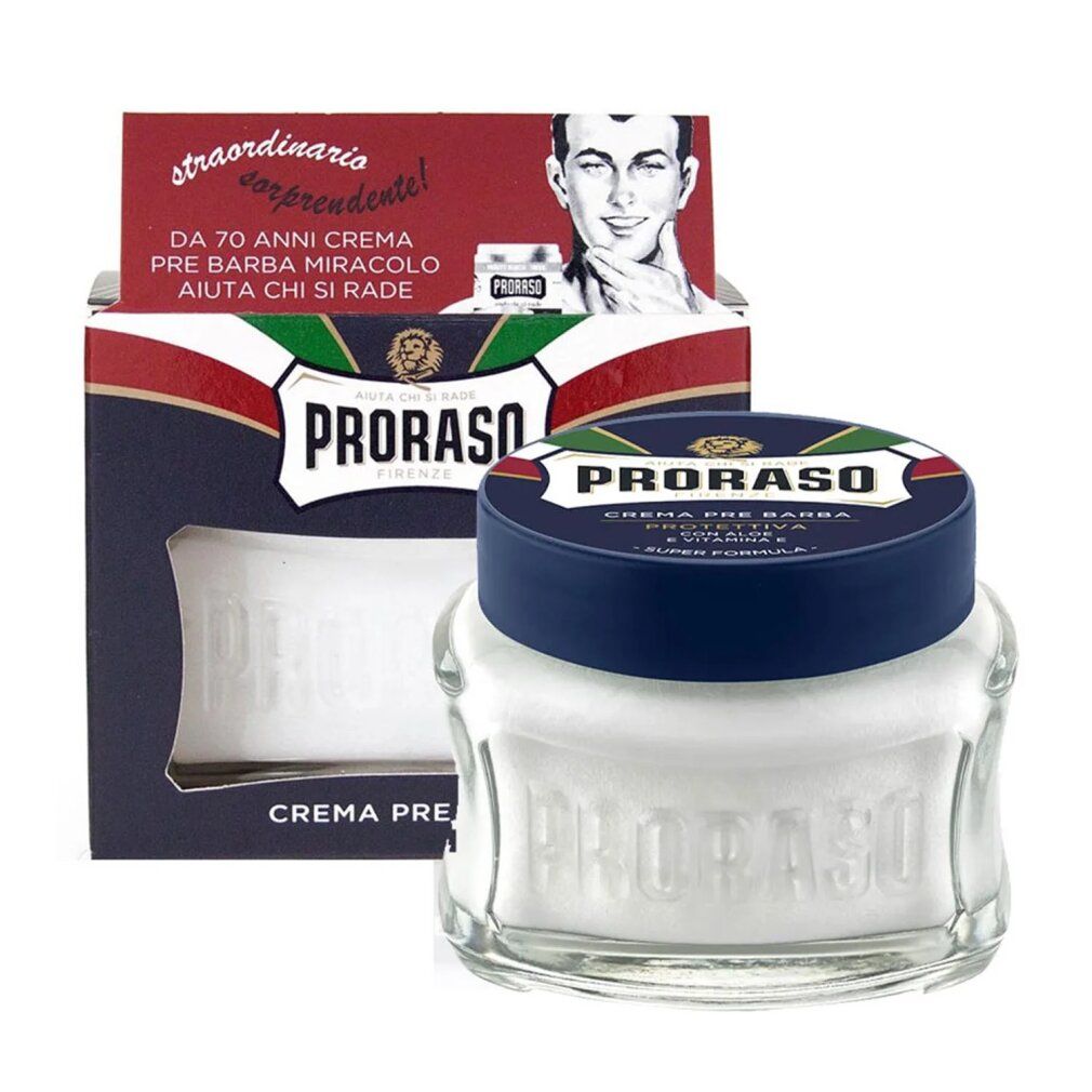 Barattolo di vetro con coperchio blu, nome del prodotto e testo. Accanto, una scatola con il nome del prodotto e l'immagine di un uomo.