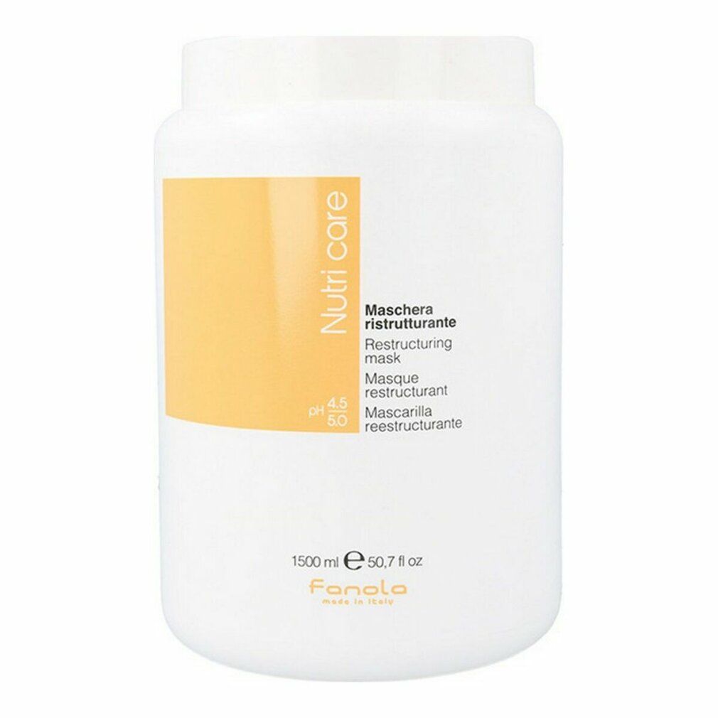 Contenitore bianco con etichetta arancione. Testo: Nutri Care, Maschera ristrutturante, pH 4.5-5.0, 1500 ml.