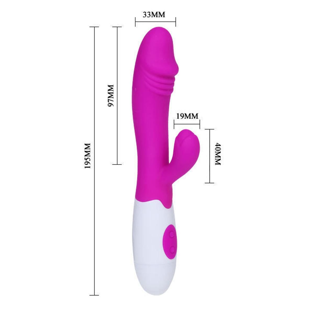 Prodotto benessere lilla e bianco con dimensioni. Lunghezza totale 195mm, larghezza 33mm, altezza 40mm.