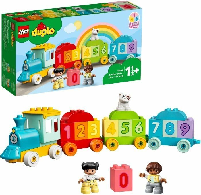LEGO DUPLO Treno dei numeri. Treno con locomotiva, vagoni numerati 1-9, personaggi, mattoncini e cane. Confezione con immagine del prodotto.