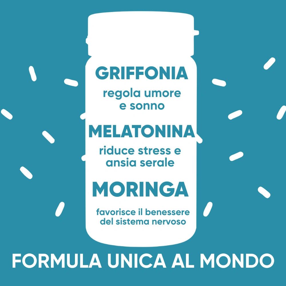 Flacone di capsule con testo: Griffonia, Melatonina, Moringa. Formula per il sistema nervoso.