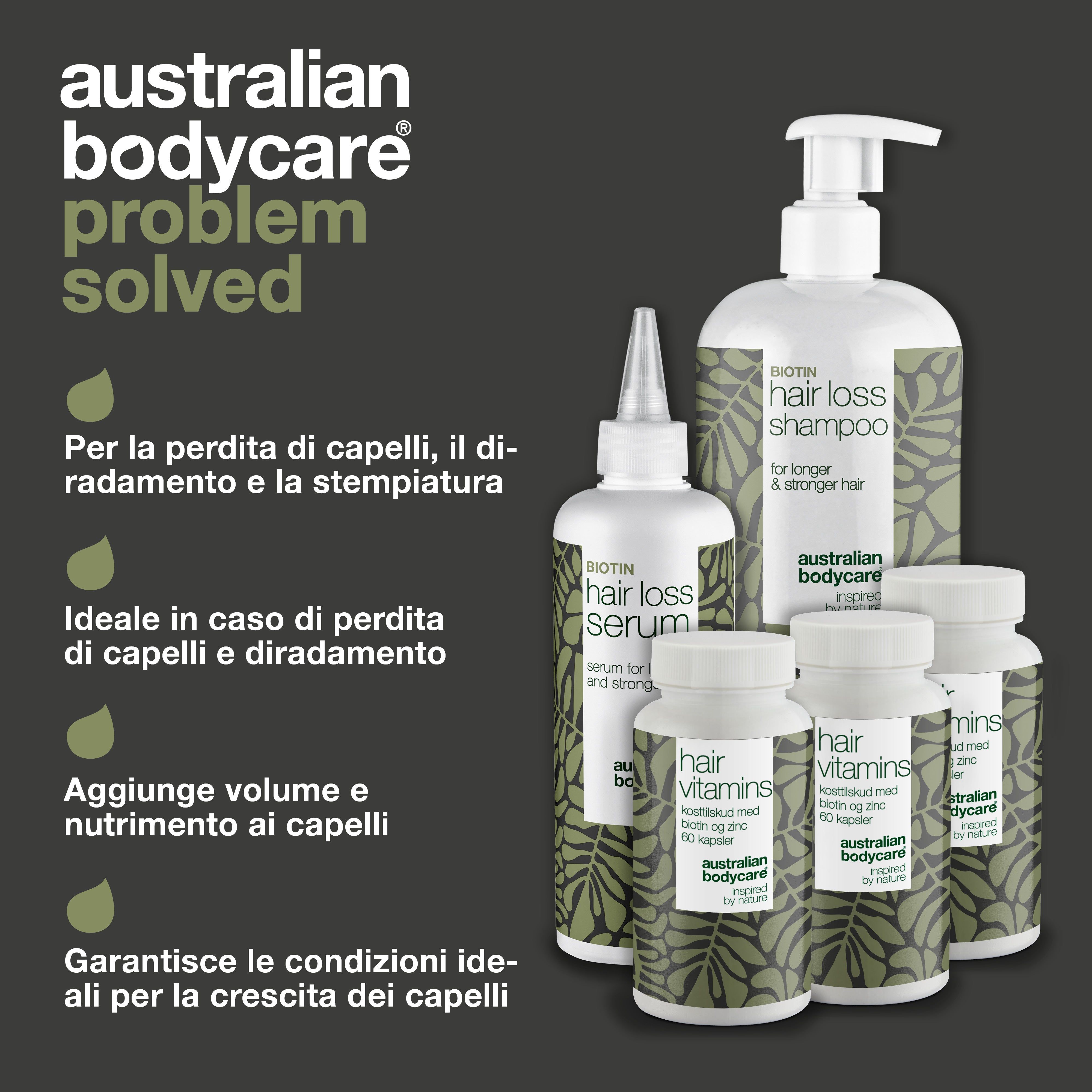 Prodotti. Scritta: Hair Loss Shampoo, Hair Loss Serum, Hair Vitamins. Marchio: Australian Bodycare. Testo: Problem Solved.