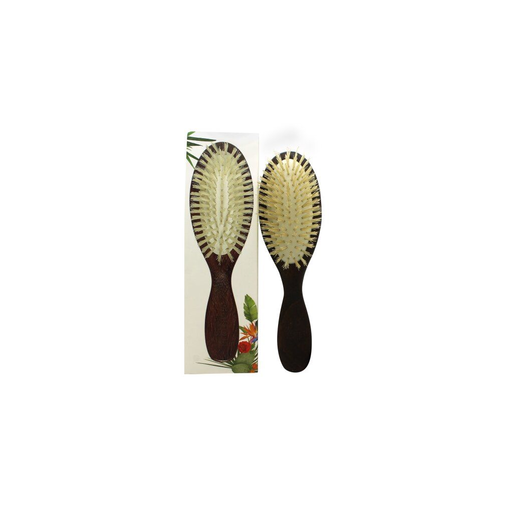 Due spazzole per capelli ovali con manico in legno. Setole chiare, cornice scura. Confezione floreale.